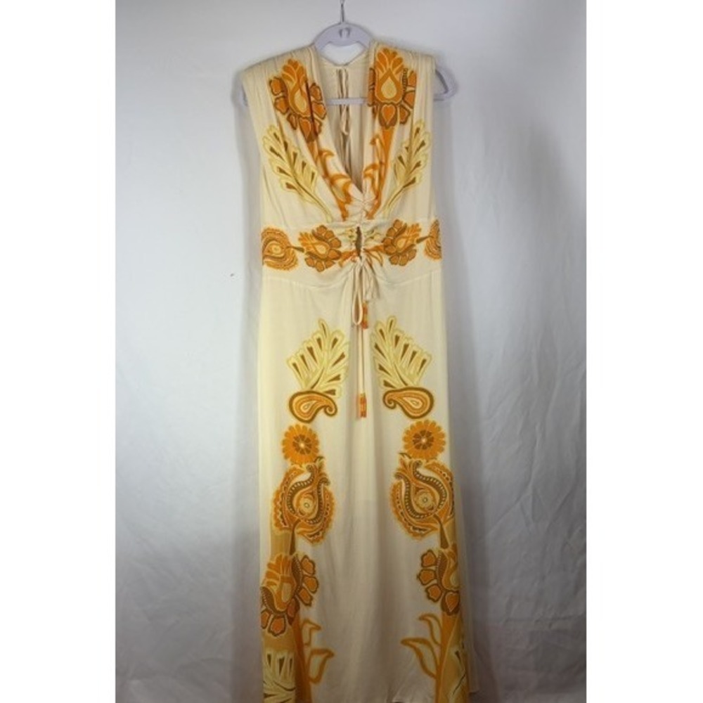 Farm Rio Anthropologie Maxi Dress XL Yellow Floral Retro Boho Tropical Chic - Picture 8 of 16